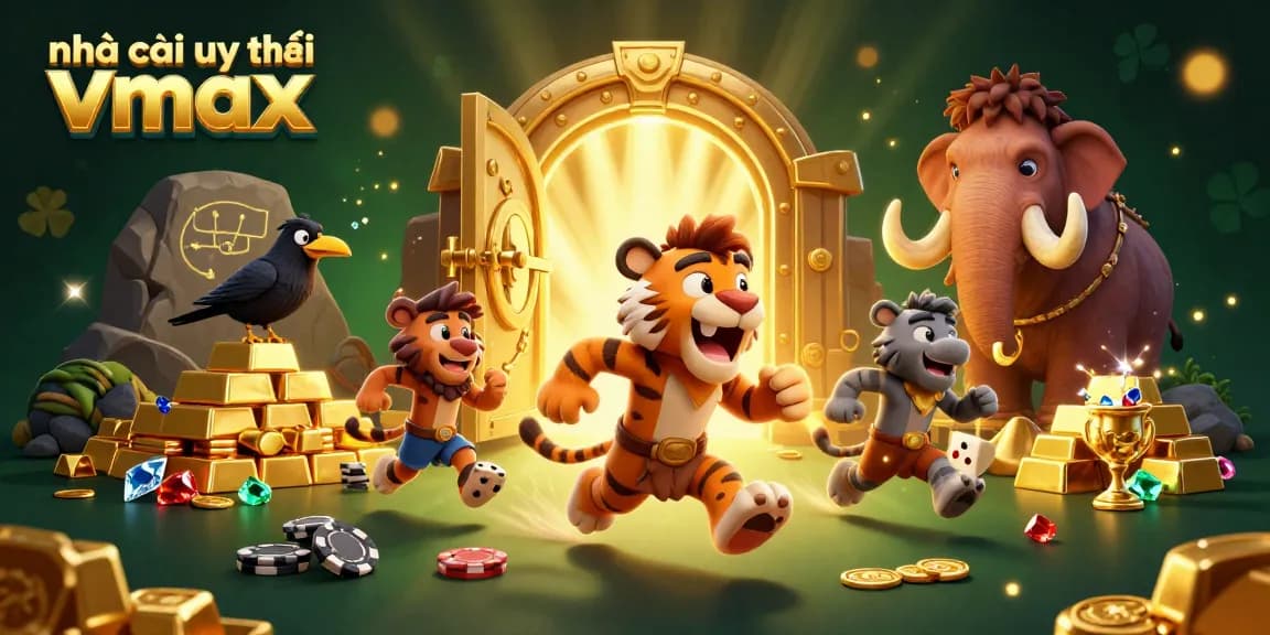Experience the exciting environment of nhà cái uy tín Vmax with a vibrant 3D casino scene featuring dynamic characters and elements.