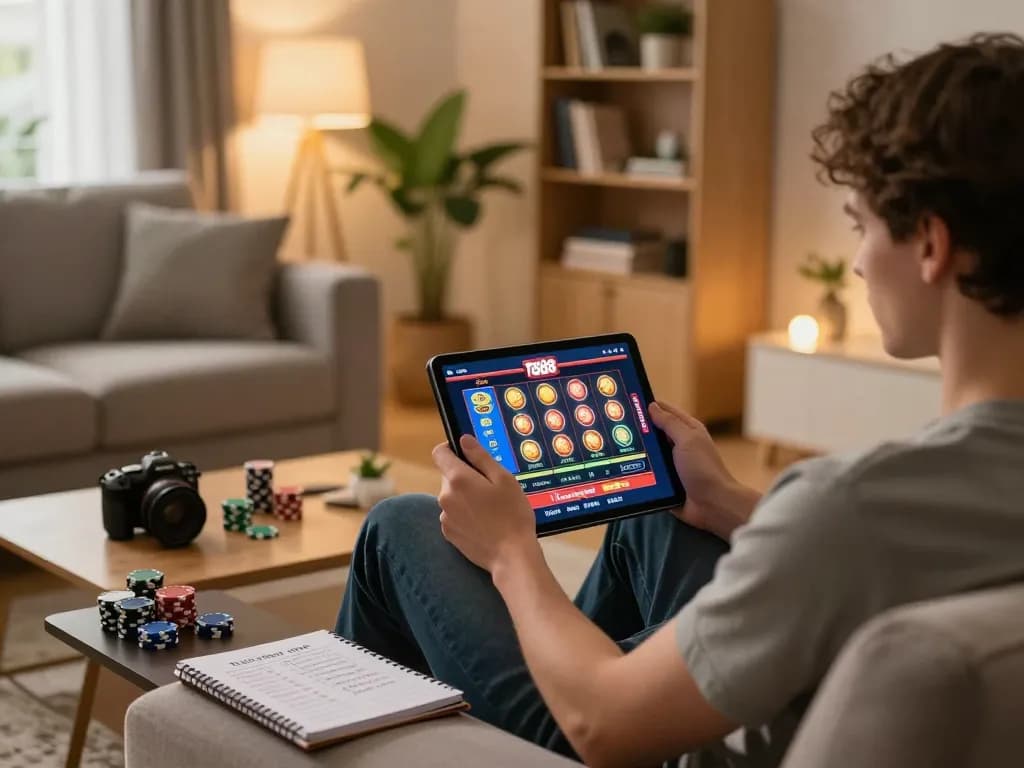 Engaging online gaming with tg88 on a tablet in a cozy home environment, showcasing strategic gambling.