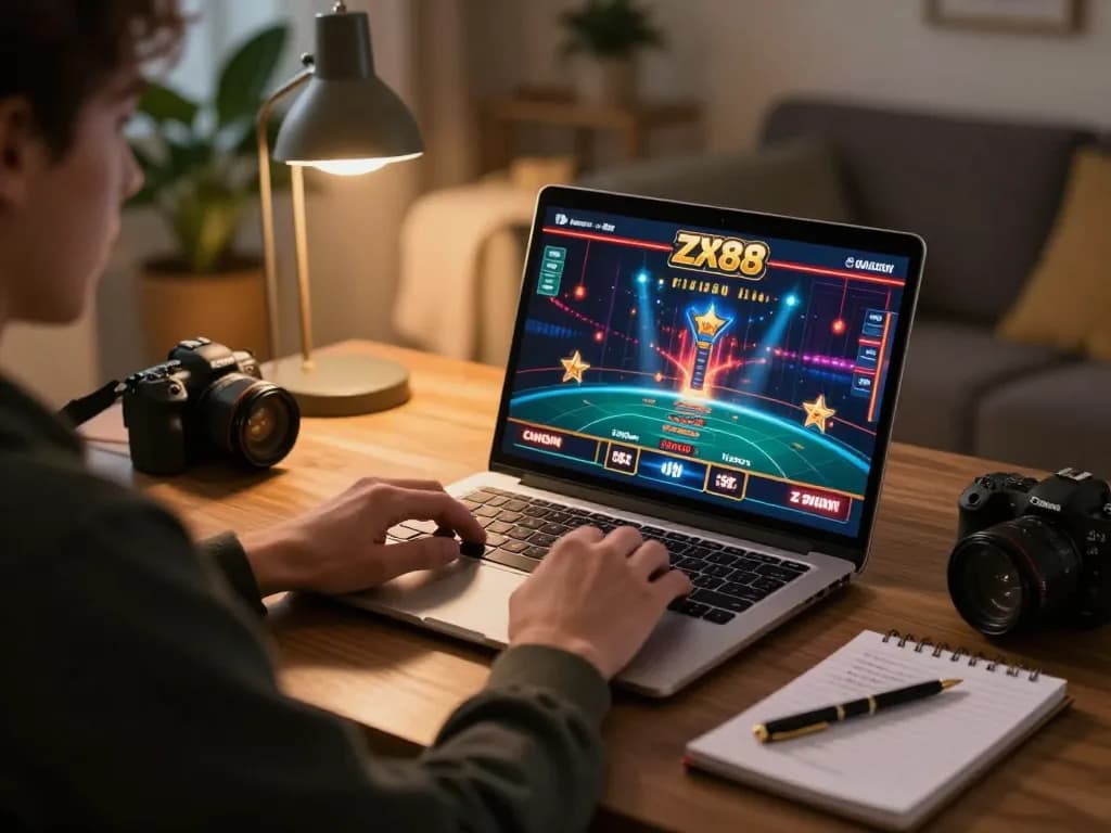 Engaged player enjoying zx88 online gaming on a laptop in a cozy home environment
