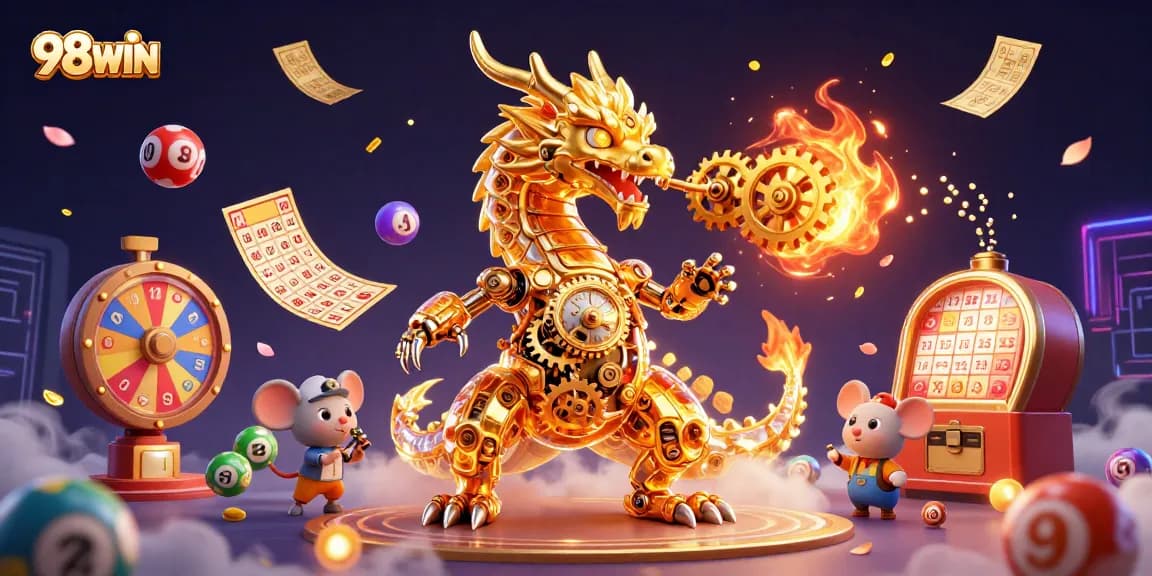 Experience thrilling 98WIN gaming with colorful lottery elements blended in a fantastical scene.