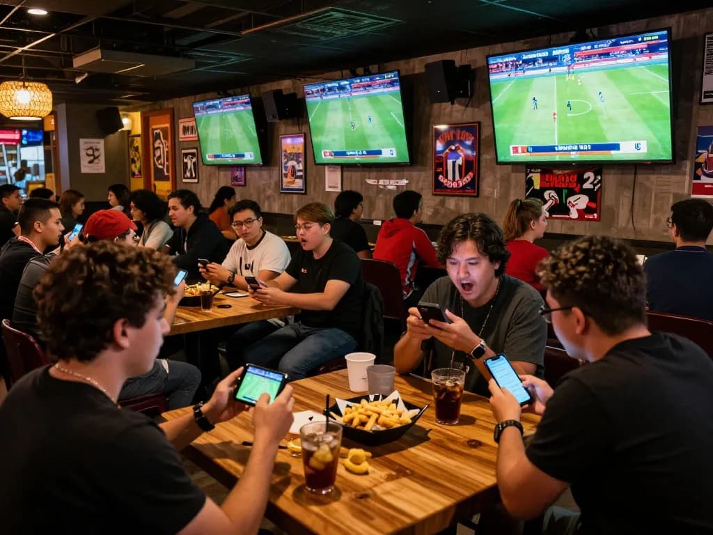 Engaged fans checking kèo bóng đá hôm nay through mobile devices while watching live matches
