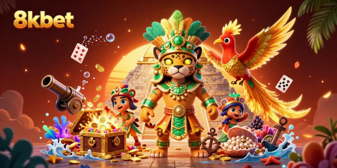 Experience thrilling wins with 8xbet as the Mayan jaguar priest encounters treasures in a vibrant casino scene.