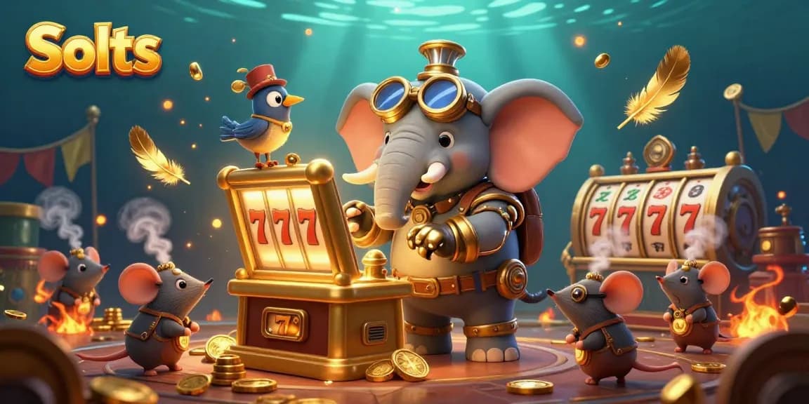 Spin the exciting Slots with a steampunk elephant engineer, showcasing thrilling jackpot counters and vibrant casino elements.
