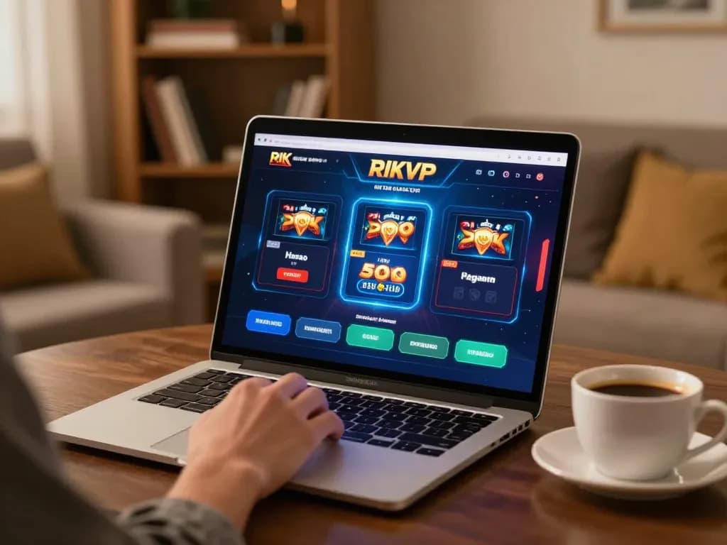 Player engaging in RIKVIP online gaming with a modern interface and cozy home setting.