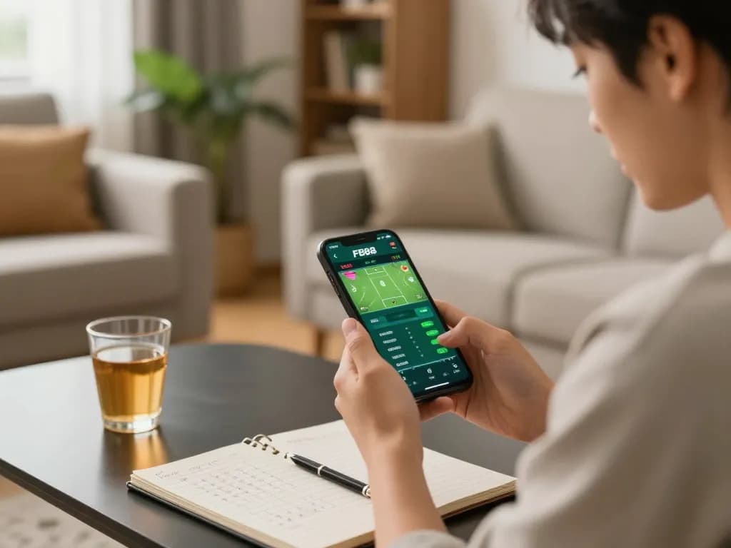 Engaged player using the FB88 app on a smartphone for live sports betting in a cozy home setting.