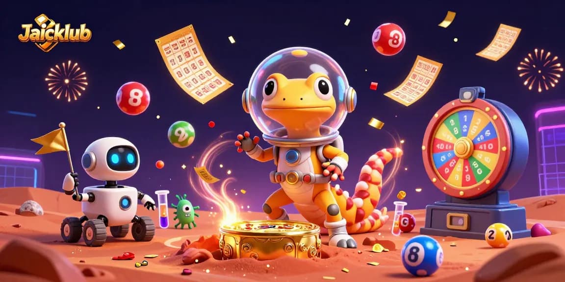 Jaiclub's Martian gecko character exploring a golden casino with lottery balls, vibrant confetti, and dynamic energy.