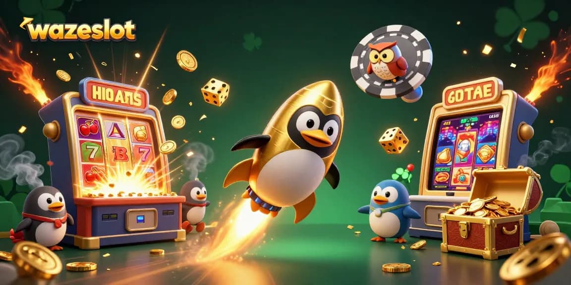 Experience excitement with WAZESLOT, featuring a golden penguin and jackpot winnings in a vibrant casino scene.