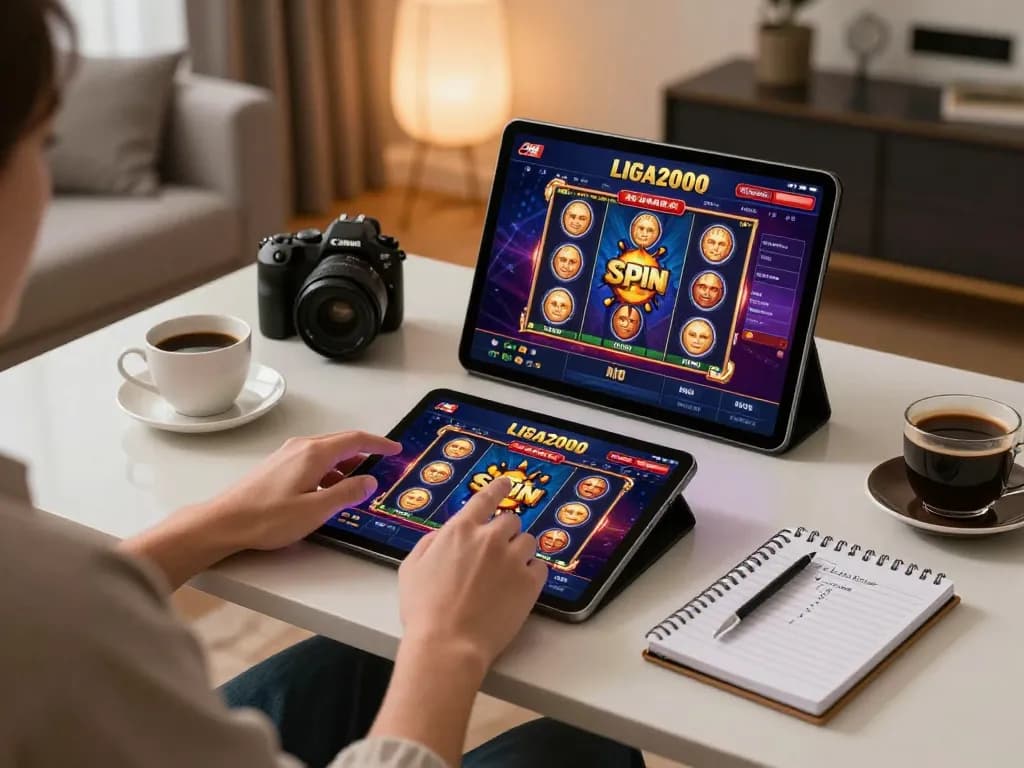 LIGA2000 online gaming session with a player engaged on a tablet, showcasing vibrant slot game graphics and a cozy home atmosphere.