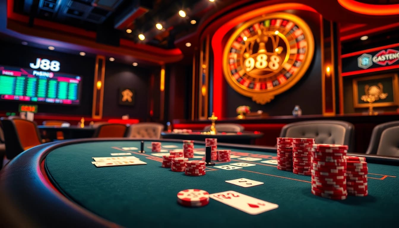 Exciting gaming action at a high-stakes j88 poker table with luxurious decor.