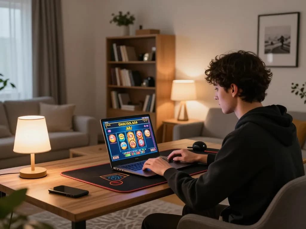 Player enjoying online gambling experience at home with 88aa slot games on laptop.