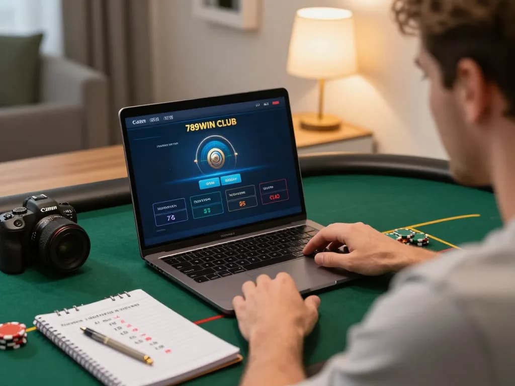 Engaged player using a laptop for 789win club poker strategy at home.