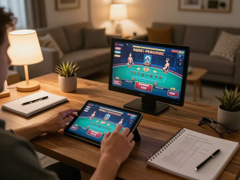 Player enjoying F168 online casino on tablet, surrounded by gaming strategy notes in cozy living room.