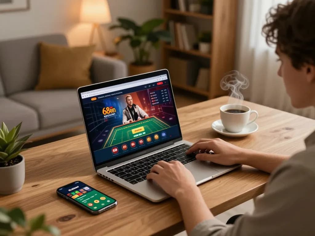 Player strategizing on 68win platform in cozy home setup, highlighting online gambling ambiance.