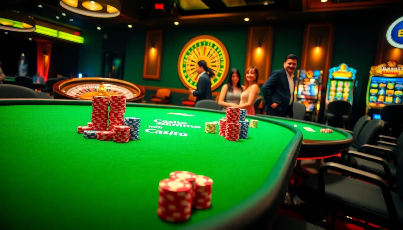 Players enjoying a vibrant casino experience at https://rr88c.mobi/ with poker tables and roulette wheels.