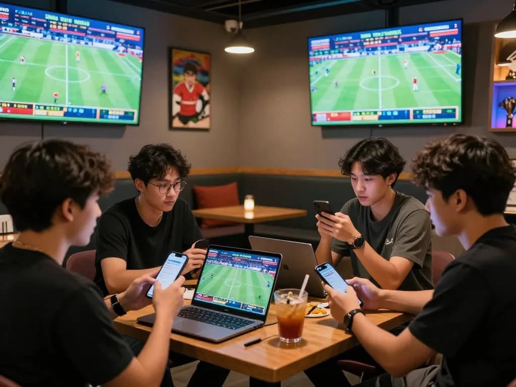 Sekelompok teman yang bersemangat membahas peluang link mix parlay di lingkungan lounge olahraga yang hidup.
