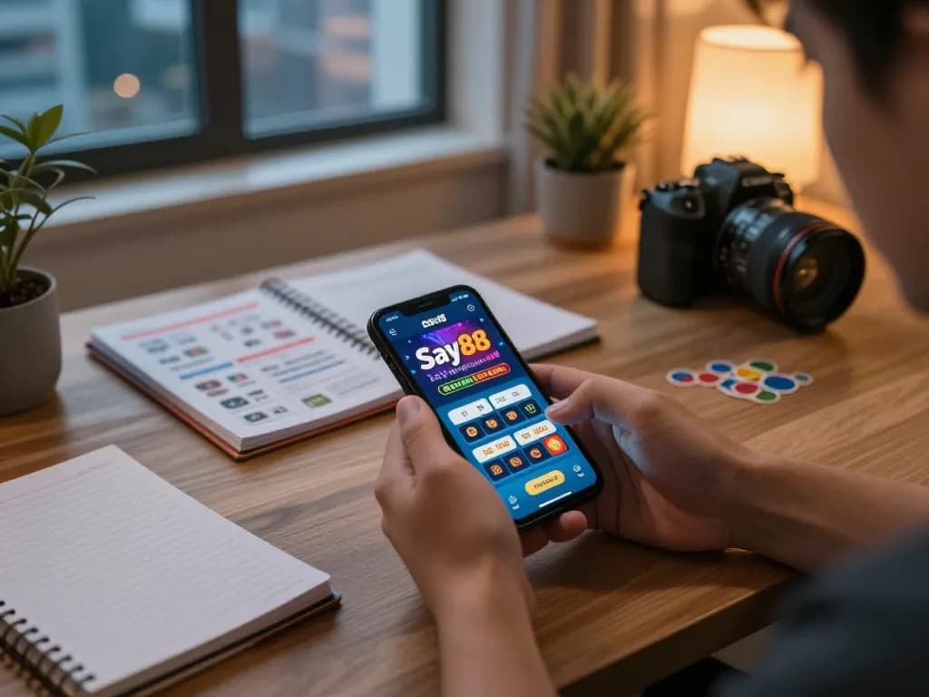 Playing on Say88 casino app from a cozy home office, illuminating an engaging online gambling experience.