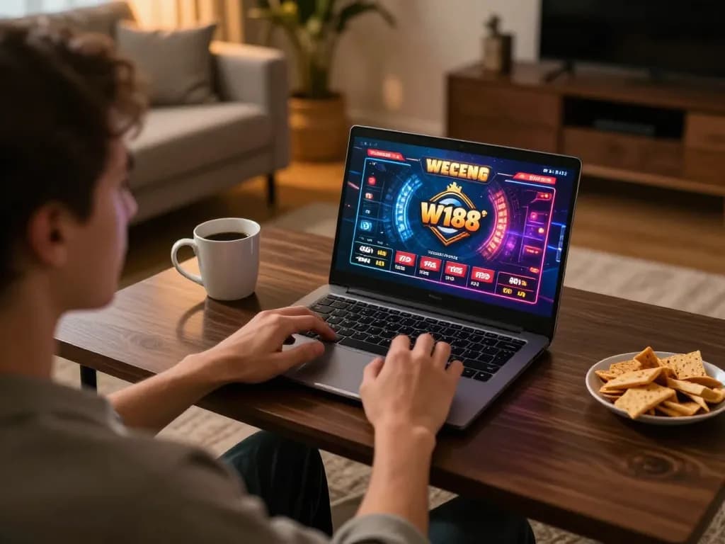 w188 player spins the reels on an online slot game with colorful graphics in a cozy home setting