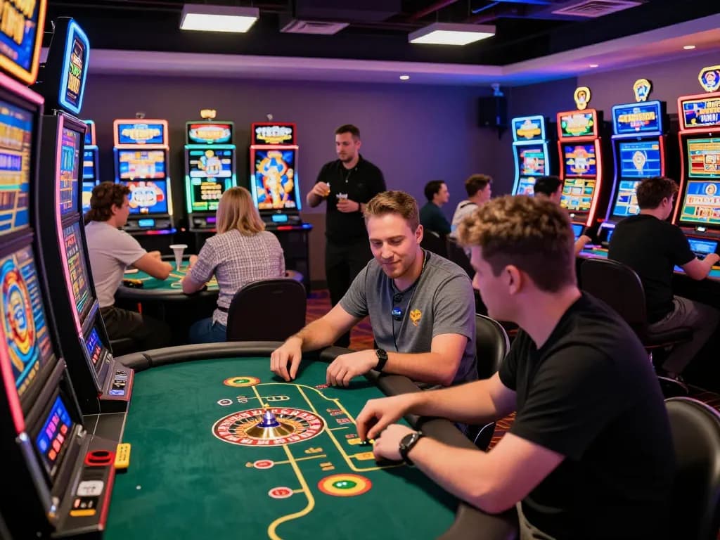 Players enjoying thrilling games at winstrike69 online casino amidst vibrant neon lights and excitement.