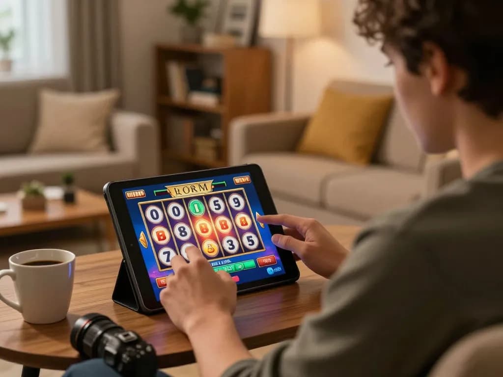 Play slot games online with viral88 on a tablet in a cozy home environment.