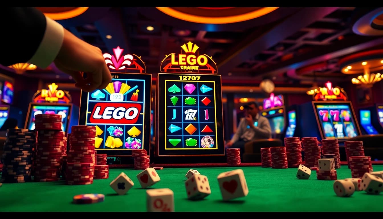 Win big with the LEGO138 slot machine, featuring vibrant reels and poker chips.