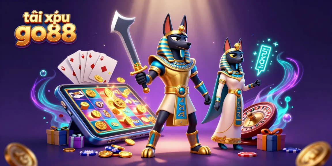 Tài xỉu go88 showcases Anubis and Bastet amidst vibrant casino elements, engaging in thrilling gameplay.