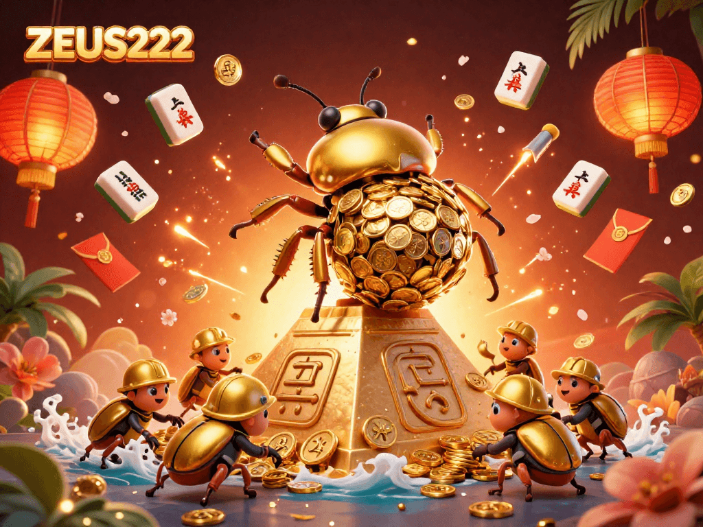 Experience ZEUS222's gaming thrill with a golden beetle rolling coin treasures.