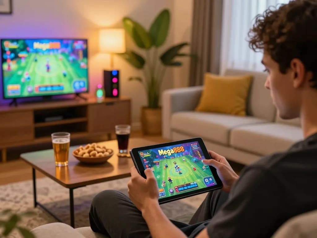 Mega888 player experiencing a thrilling game on tablet in a cozy home setting.