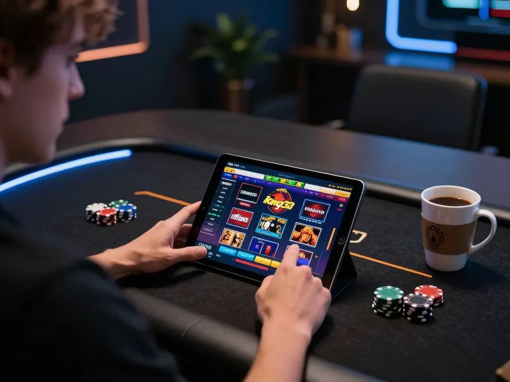 A player navigating the king33 online casino app on a tablet during a cozy gaming session at home.