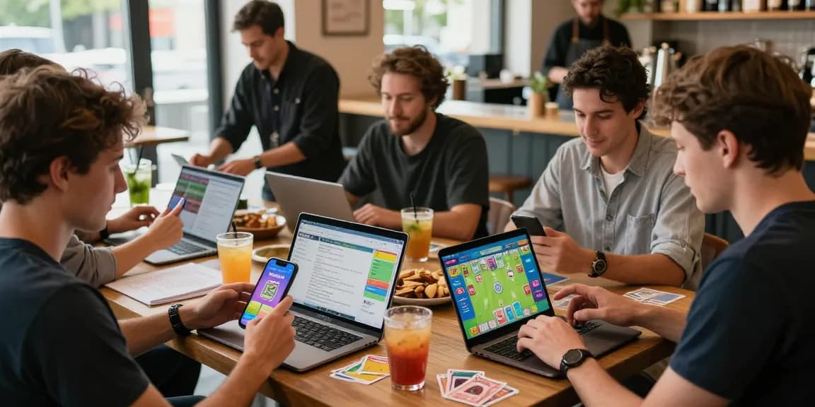 Card Rummy app link displayed in an engaging online gaming scene with players at a café.