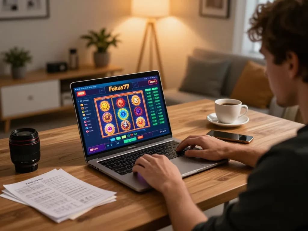 Player enjoying online gaming on Fokus777 with engaging slot graphics in a cozy home setup