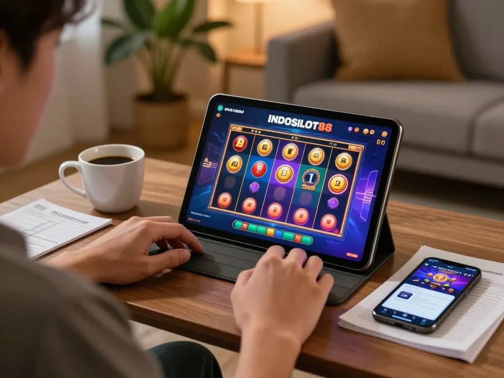 Engaged player experiencing situs resmi INDOSLOT88 on a tablet in a cozy home setting.