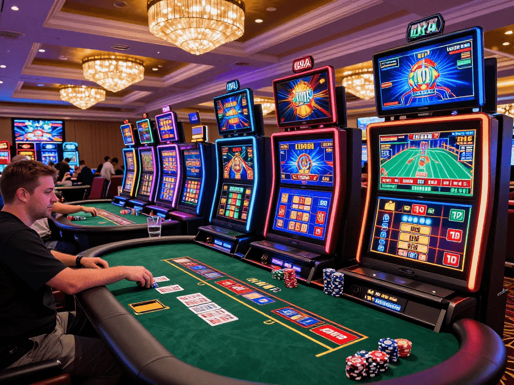 Engaging gaming environment at US online casinos, highlighting vibrant high RTP slots and live dealer games.
