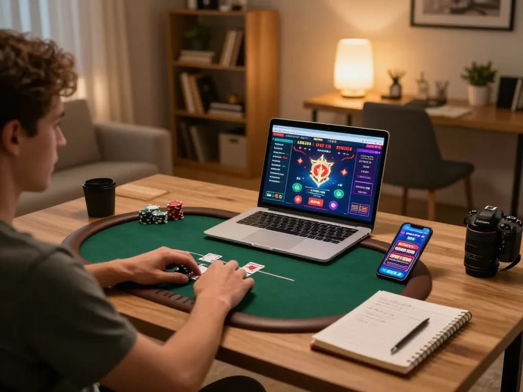 Tr88 online gaming setup with player engaging in strategic poker game at home office.