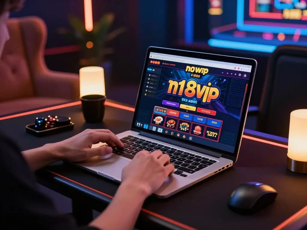 Experience n188vip online gaming excitement with a laptop setup showcasing casino interface and stylish accessories.