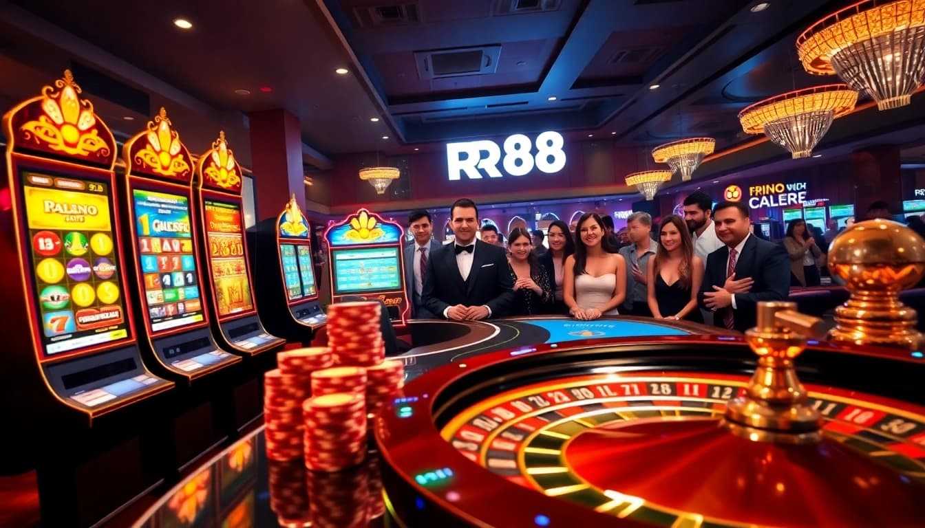 Engage in thrilling gameplay at RR88 with vibrant slot machines and exciting poker chips.