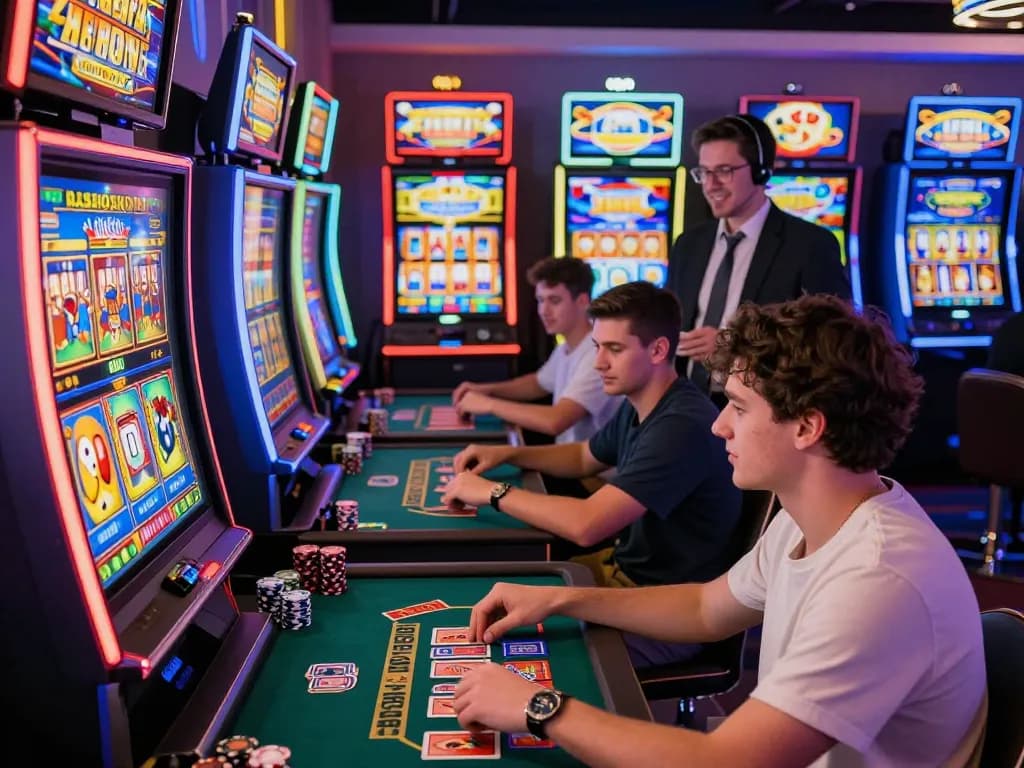 Kuwin gaming scene with players enjoying slots, sports betting, and card games in a lively casino atmosphere.