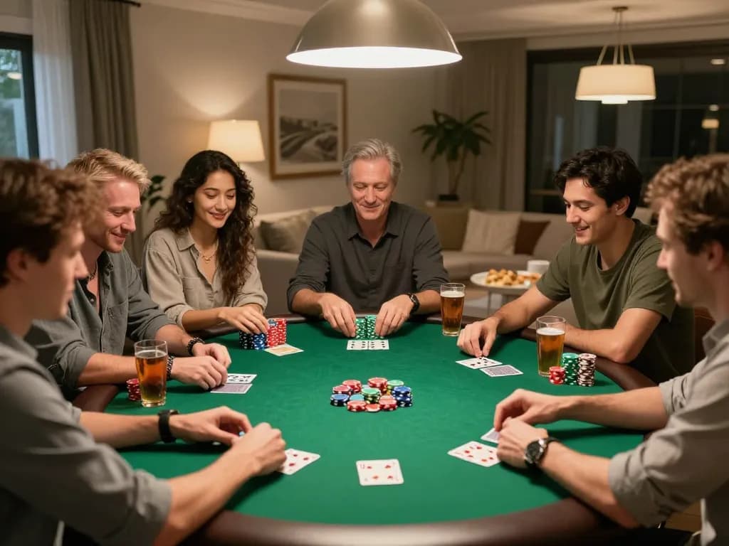 Friends enjoying a thrilling poker night at home, showcasing Sunwin gaming strategies and excitement.