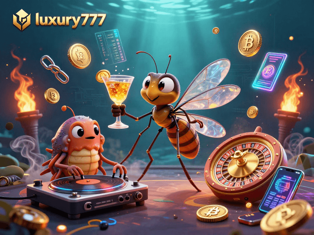 Menggandakan peluang menang di luxury777 dengan ilustrasi kasino digital dinamis dan elemen kripto.
