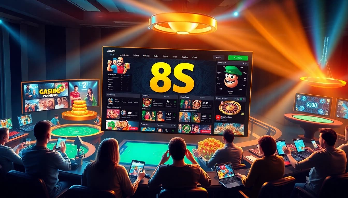 Engaging scene of players enjoying various games at 8S online gambling platform.
