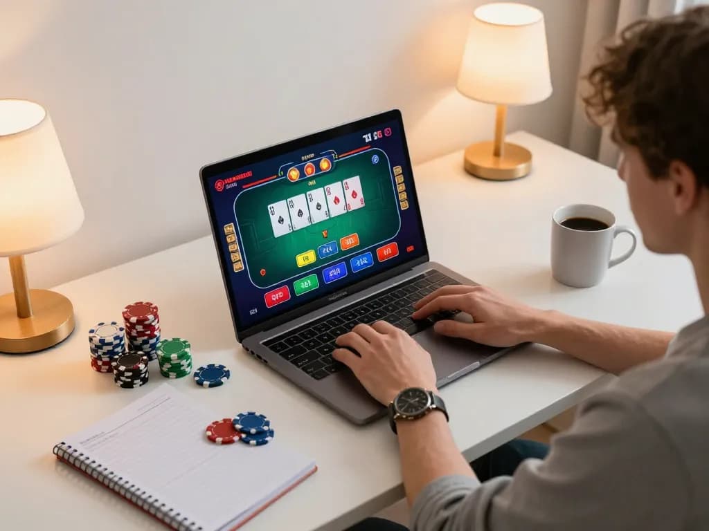 Engaging home scene showcasing a player enjoying FIVE88 casino online poker amid a cozy setup with strategies.