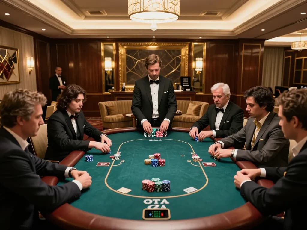 Experienced players strategizing in a vipwin exclusive poker room, showcasing high-stakes action and luxury decor.
