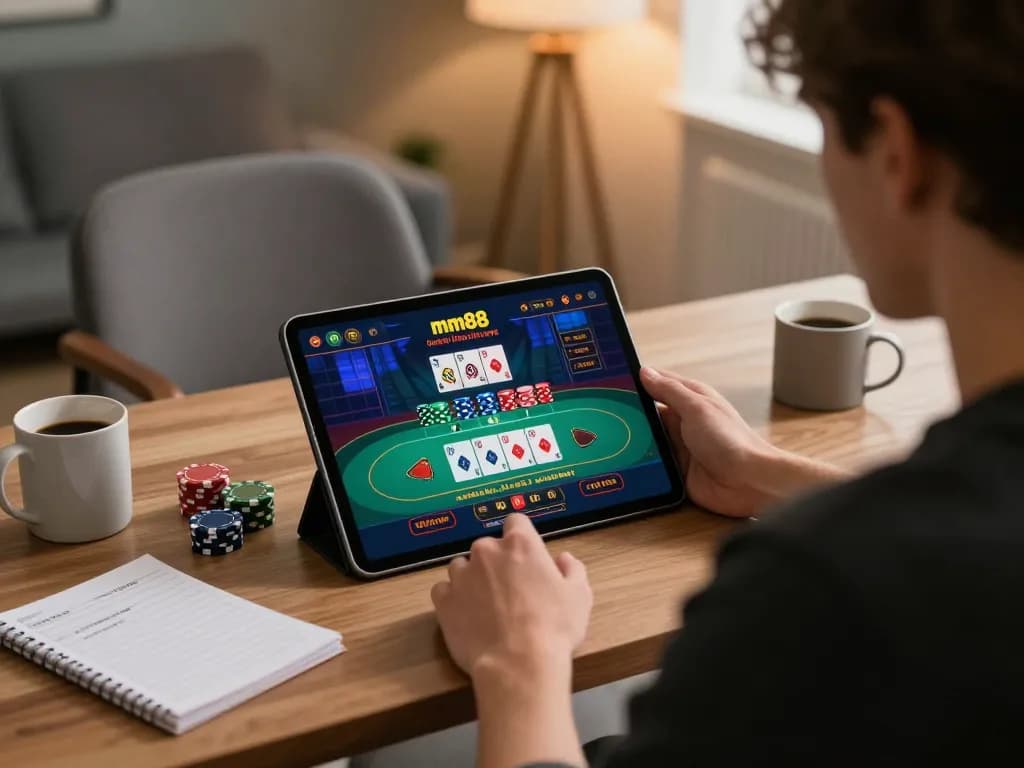 Engaging in online gaming on mm88 com with a laptop showing live dealer action at home.