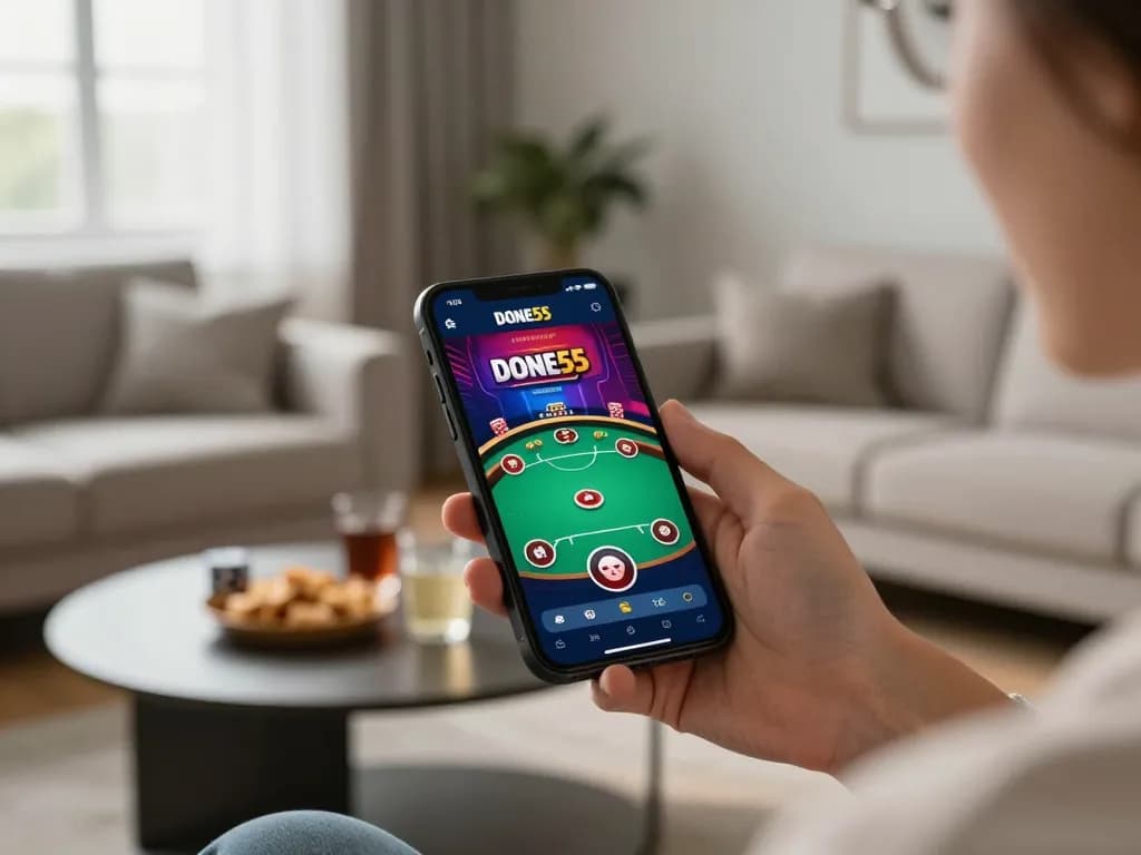 Play and win real incentives with Done55 casino app on mobile device in a cozy home environment