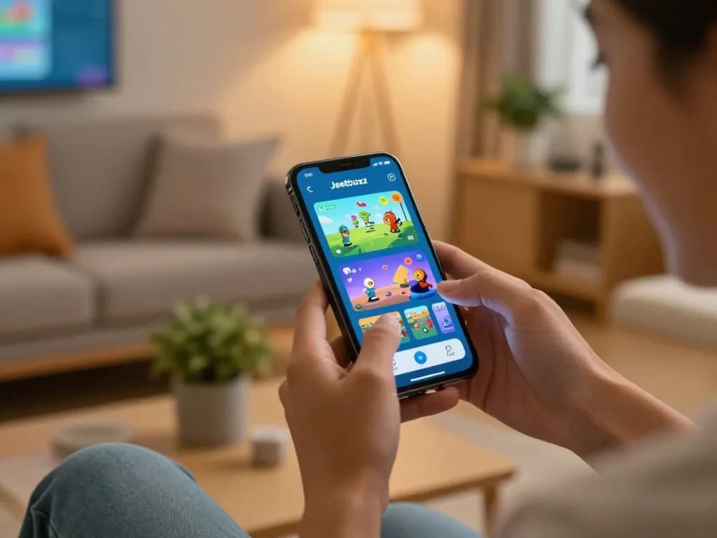 Excited user interacts with the Jeetbuzz Download App on their smartphone, showcasing the modern gaming lifestyle