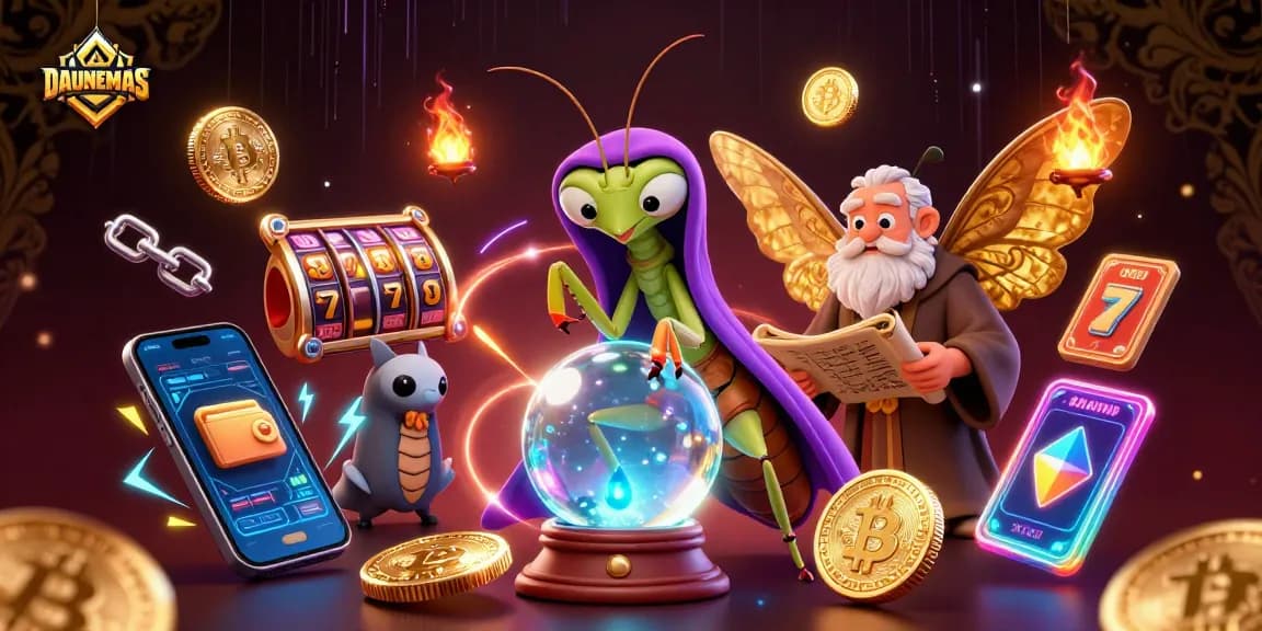 Engage with DAUNEMAS in an exciting 3D casino scene featuring a fortune teller and ancient librarian surrounded by vibrant gambling elements.