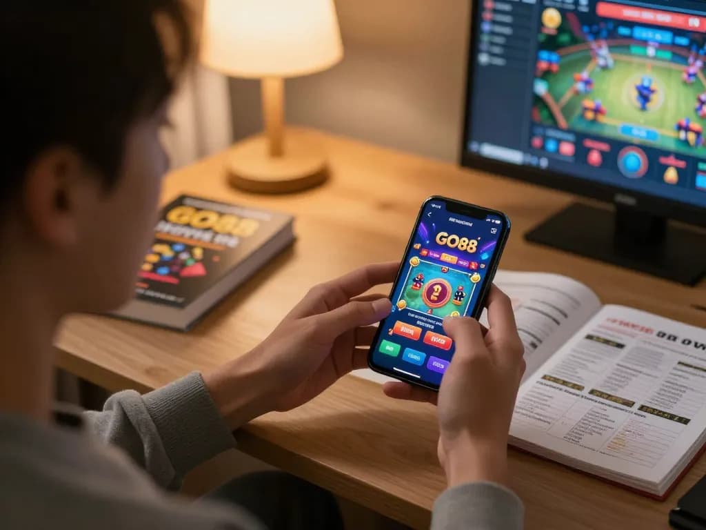 Player enjoying game go88 on smartphone while strategizing in cozy home environment