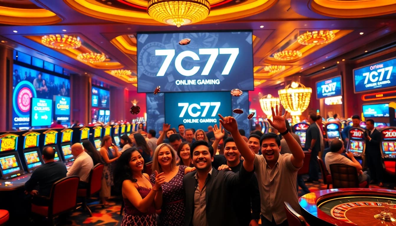 Players enjoying games at 7C77 Casino with vivid lights and gambling excitement.