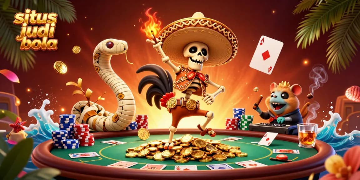 Bet on situs judi bola with a colorful and dynamic casino scene featuring festive characters.