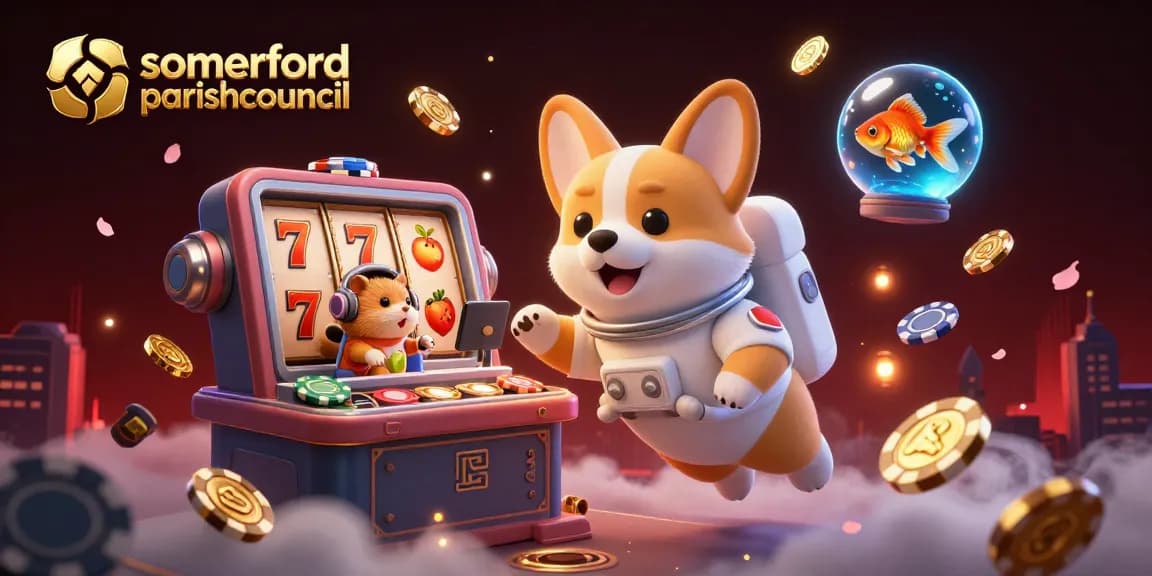 Engage at somerfordparishcouncil casino with a festive floating scene of playful characters amid vibrant gambling elements.