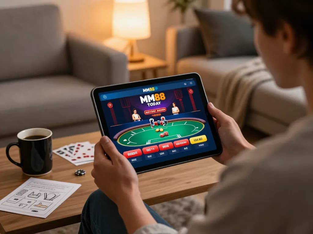 Engaging in online gaming on MM88 TODAY with poker app, showcasing strategic play at home.